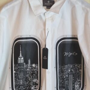 Saints Studio Shirt Mens XL White New York City Graphic Short Sleeve Button Up